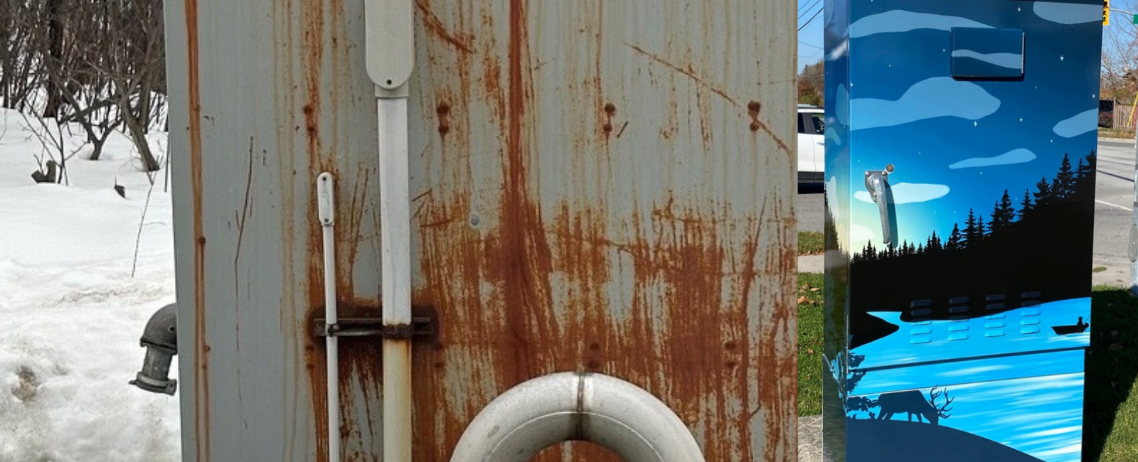 Rusty grey pumping station, with a covered blue mail box beside it.